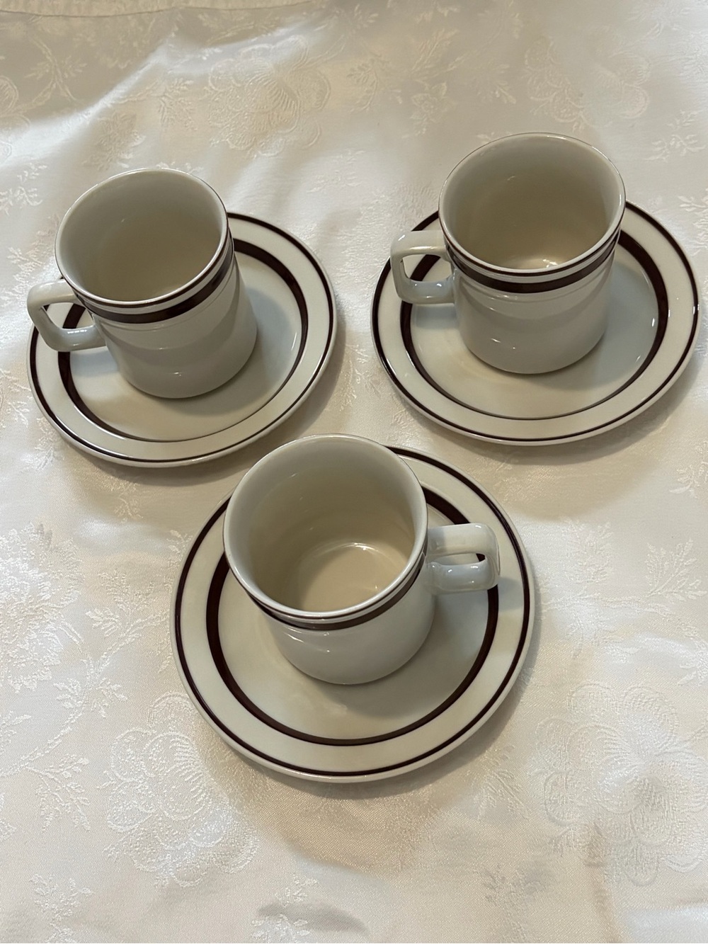 Vintage Orbit Stoneware 221 Brown cup and saucer - set of three